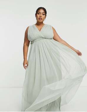Anaya Bridesmaid V Neck Ruffle Waist Maxi Dress Sage Green Womens Plus Size 18